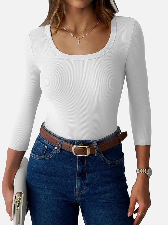 Womens 3/4 Sleeve Scoop Neck Top Ribbed Knit Slim Fitted Casual Basic Tee Shirts 2025 Fall Trendy Work T-Shirt Outfits