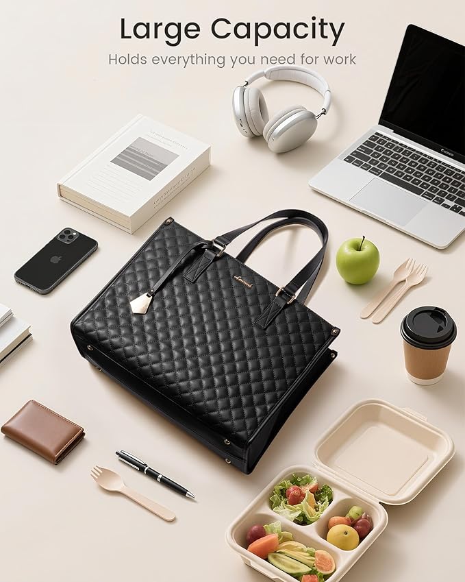 LOVEVOOK Lunch Tote Bag for Women, 15.6 Inch Laptop Bag with Insulated Lunch Compartment, Quilted Large Capacity Computer Handbag with Purse for Business, Work, Nurse, Collage, Office, Casual, Wine