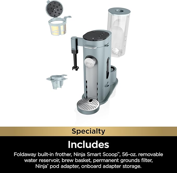 Ninja Pods & Grounds Specialty Single-Serve Coffee Maker, K-Cup Pod Compatible, Built-In Milk Frother, 6-oz. Cup to 24-oz. Travel Mug Sizes, Iced Coffee Maker, Glacier Blue, PB051GB