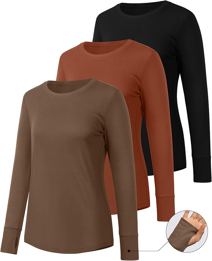 Huukeay 3 Pack Women's Long Sleeve Shirts with Thumb Holes, Cotton Casual Crew Neck Tunic Tops Fall Loose Y2k Trendy Outfits