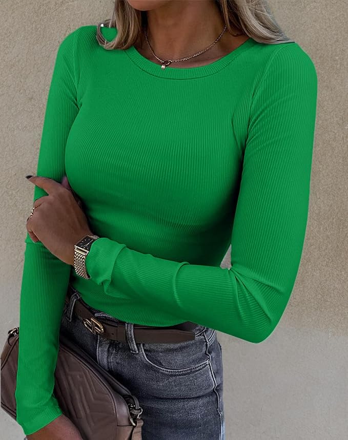 Roselux Womens Long Sleeve Stretch Crewneck Ribbed T-Shirt Fitted Casual Basic Tops