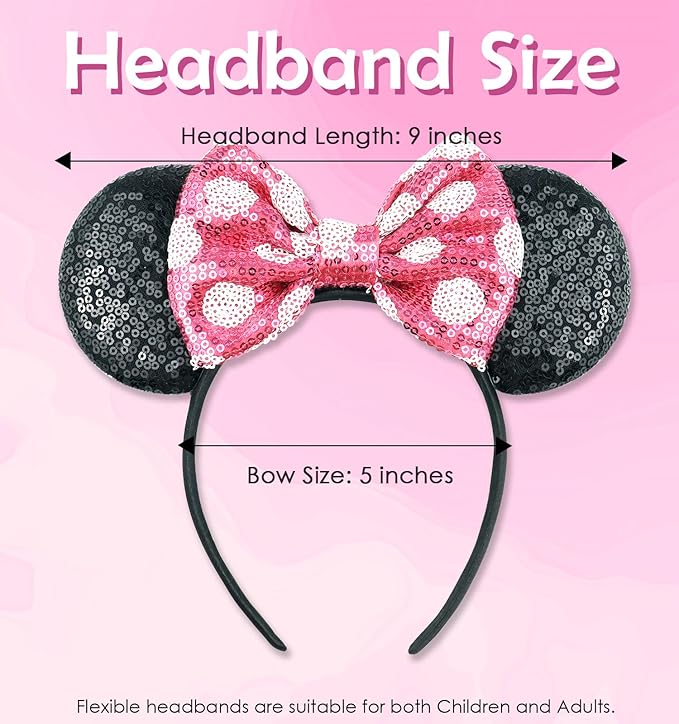LIHELEI Minnie Ears Mouse Ears Headband with Sequin Bows, Headbands for Halloween Costume, Headwear Hair Accessories for Women - 3PCS Hot Pink