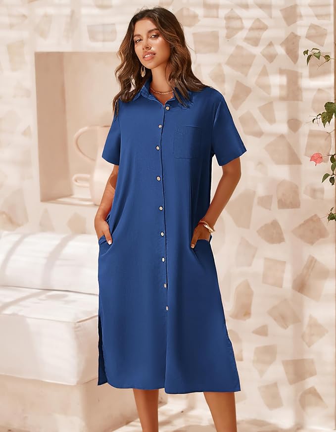 Zeagoo Women Dresses Summer Casual Short Sleeve Button Down Shirt Dresses 2025 Beach Cover Up with Pockets
