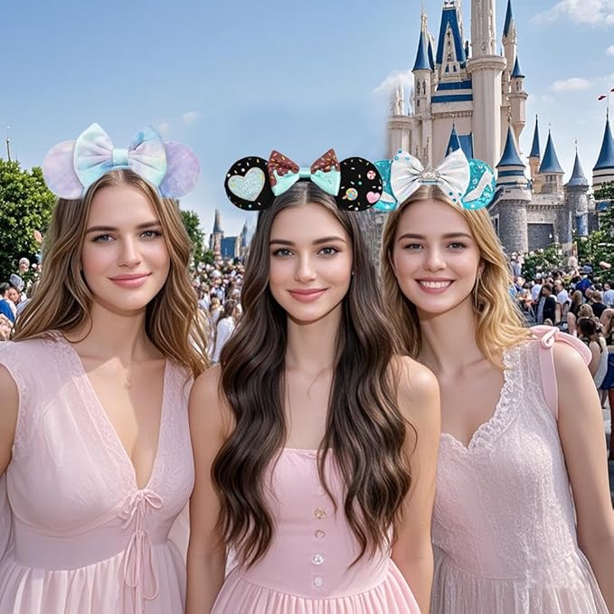 WW-WONDERFULWORLD Shiny Mouse Ears Headbands With Grey Bows & Crown & Sequin, for Mermaid Cinderella Costume Cosplay Glitter Party, Blue; 2GGX