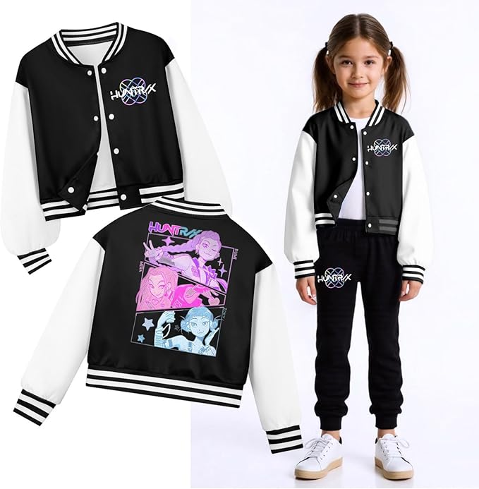 K PopGirls Kpop Tracksuit Cute Cartoon Print Baseball Coats Fashion Long Sleeve Jackets and Pants Christmas Costume Set
