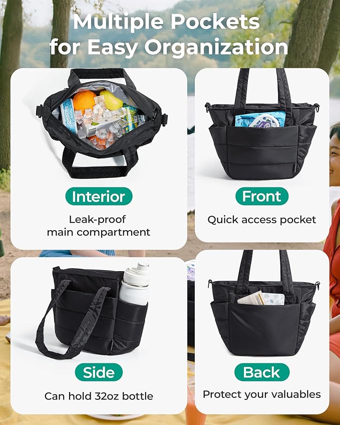 BAGSMART Lunch Bag Women Small Insulated Tote with Lunch Compartment Quilted Lightweight Puffy Tote Bag for Work, Travel, Outdoor, Black