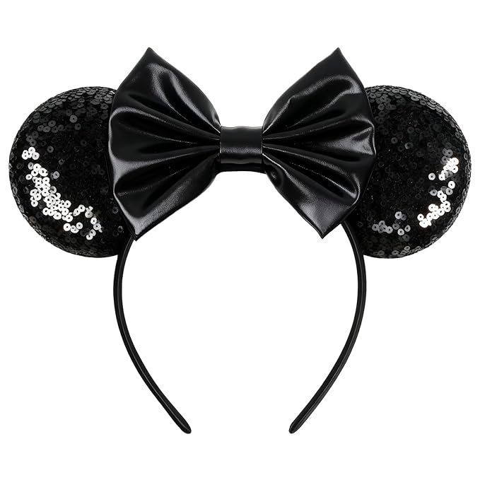 bianbaistar Mouse Ears Headband - Velvet Hair Bow Headwear with Sparkle Sequins for Women, Girls & Boys (Black Bow)