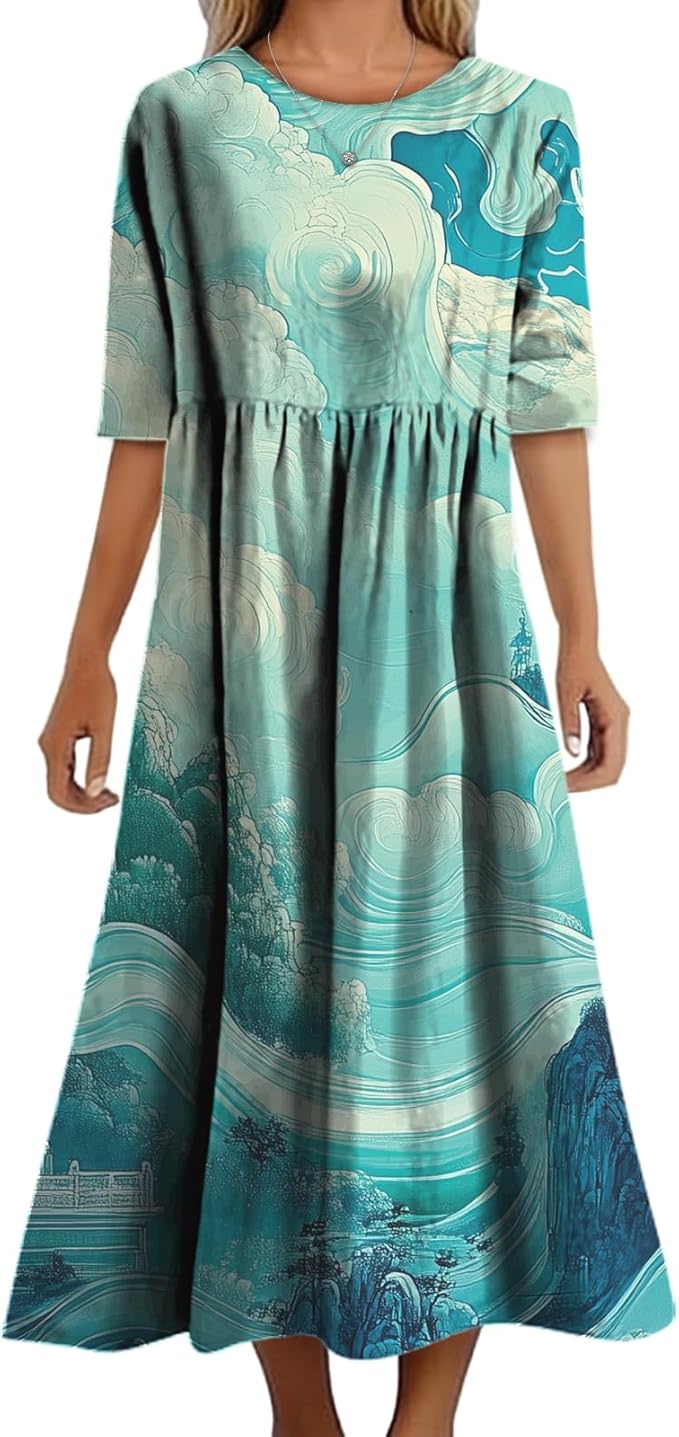 MARSVOVO Trendy Dresses for Women 2025 Classic Fairy Flowy Sundress Relaxed Fit Dress with Side Pockets