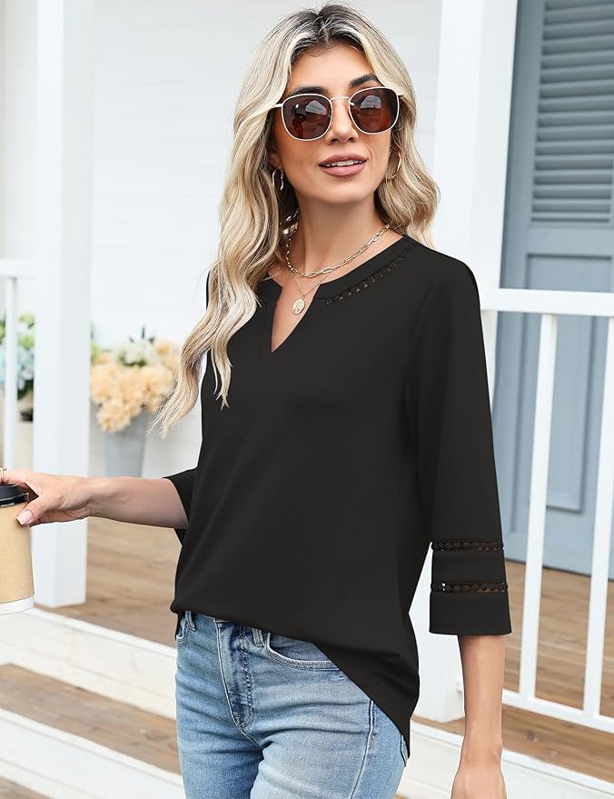 Ivicoer 3/4 Length Sleeve Womens Tops V Neck Lace Embroidered Summer Blouses Loose Fit Tunic Dressy Casual