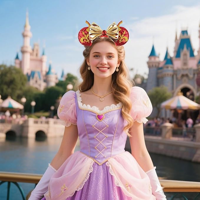 WW-WONDERFULWORLD Shiny Mouse Ears Headbands With Golden Bows & Ruby & Sequin, for Women PNA Costume Cosplay Glitter Star Wars Theme Party, Red; 2HJ