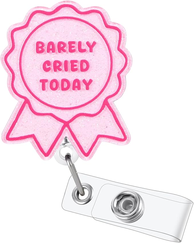 Barely Cried Today Funny Badge Reel, Cute Pink Ribbon Retractable ID Card Badge Holder, Name Tag Medical Work Badge Clip for RN LPN CNA MA ER Night Shift Nurse Paramedic Doctor Teachers, Nurse Gifts