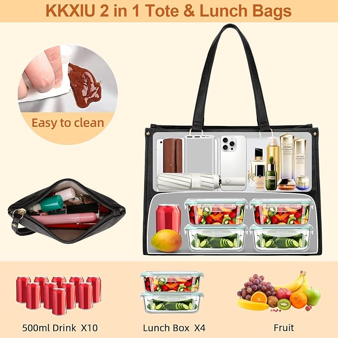 KKXIU Lunch Tote Bag for Women - 15.6" Ladies Work Tote, Laptop Purse with Insulated Lunch Compartment, Quilted Computer Handbag with Large Capacity for Work, Office, Nurse, Teacher (Black)