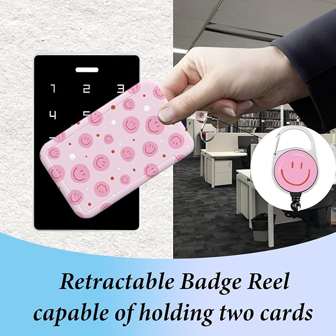 Lanyard for ID Badge Holder Badge Reel Cute Fun Pink Smiley for Man Women Cute Nurse Teacher Name Tag Clip Retractable Keychain Heavy Duty Work Office Gifts Accessories