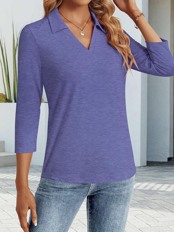 3/4 Length Sleeve Womens Tops Dressy Casual V Neck Polo Shirts Business Work Blouses 2025 Trendy Tunic Top