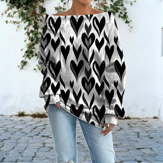 Womens Sweatshirts Floral Print Sexy Off The Shoulder T Shirts Oversized Long Sleeve Pullover Fall Tops