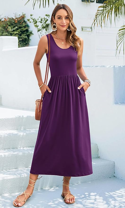 WNEEDU Women's Summer Maxi Dress 2026 Casual Sleeveless Hawaiian Sundress Tropical Long Dress Beach Vacation Outfit