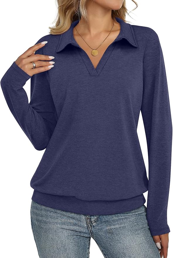 Womens Polo Shirts Long Sleeve Banded Bottom Tops Business Casual Tops Collared V Neck Blouses