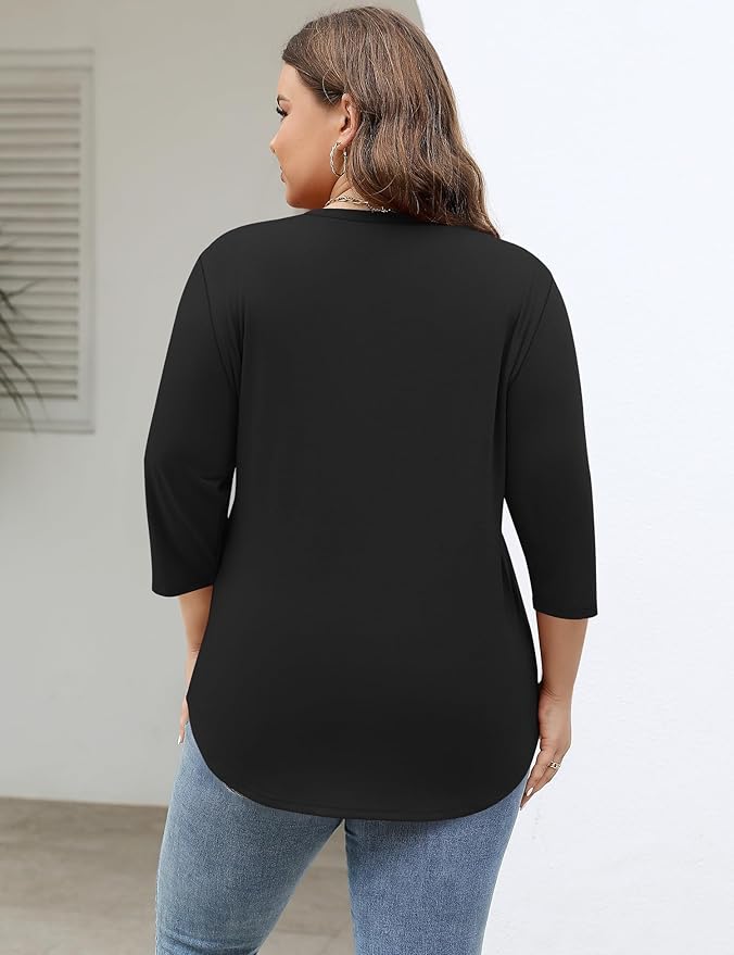 TFSDOD Womens Plus Size Tops V Neck T Shirts 3/4 Sleeve Blouse Summer Casual Tees XL-5X