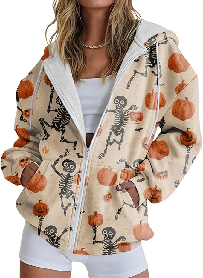 domirica Halloween Hoodie Lightweight Zip Hoodies For Women Fall Casual Vintage Sweatshirt Casual Wear Fashion Outfits