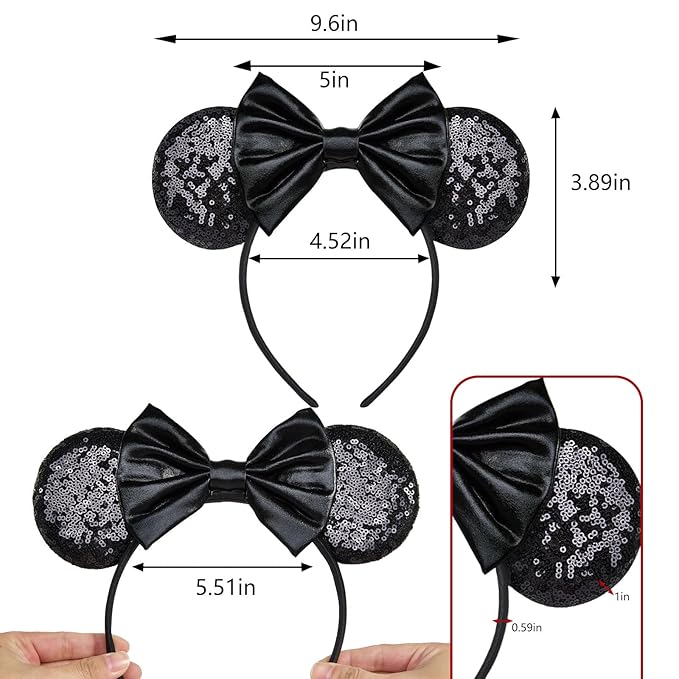 HAMUTH Mouse Ears Headband,Black Leather Ears for Women Girls Boys,Mouse Ears with Bow Hairs Accessories for Party Trip Parks CospLay Decorations