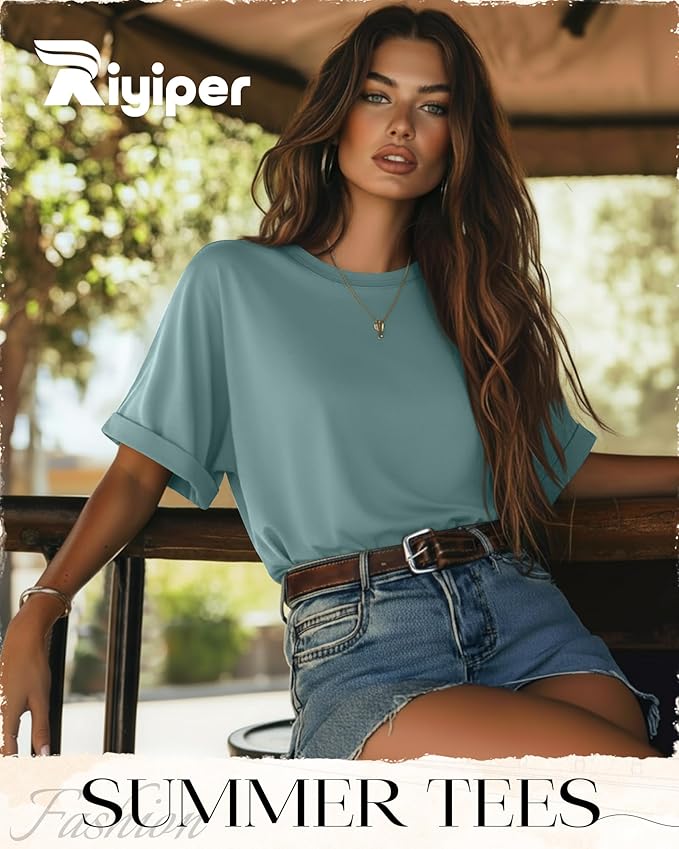 Riyiper 3 Pack Women's Oversized T-Shirt Half Sleeve Summer Tees Casual Loose Fit Crew Neck Basic Tops