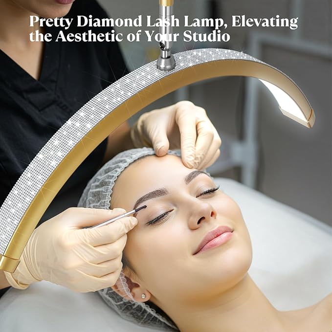 Lash Light, 23 Inch Bling Diamond Half Moon Light for Eyelash Extensions, Nail Art, Tattoo Art and Skincare, Adjustable Color Modes and Flexible, with Tool Tray (Gold)