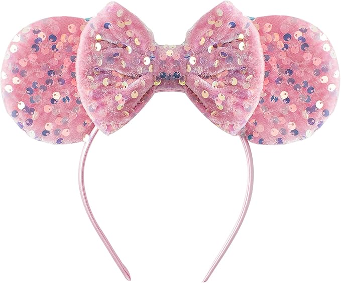 KARETT Sequins Mouse Ears Headband With Glitter Bow Princess Party Decorations For Girls Women