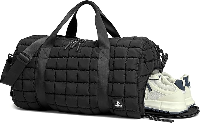 FODOKO Quilted Duffel Bag for Women, Puffer Gym Duffle with Shoe Compartment, Lightweight Large Crossbody Sport Bag Travel Tote, Black
