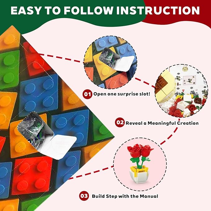 Flowers Building Blocks Succulents Botanical Toys Advent Calendar 2025– 24 packs Fake Flower Building Sets Blind Box Toy Set for Home, Kitchen, Desk Decor Block Toy,Party Favors for Christmas Birthday Valentine's Gift Adults Kids Girl 6+