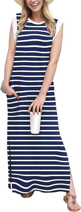 GRECERELLE 2026 Women Year-Round Casual Round Neck Loose Split Wrinkle-Free Long Maxi Vacation Dress with Pockets (XXS-4XL)