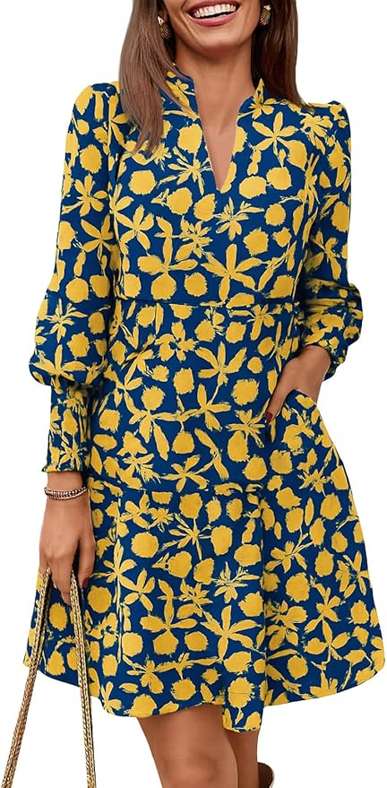 Imily Bela Womens Fall Long Sleeve Tunic Dress Casual V Neck Loose Ruffle Tiered Dress