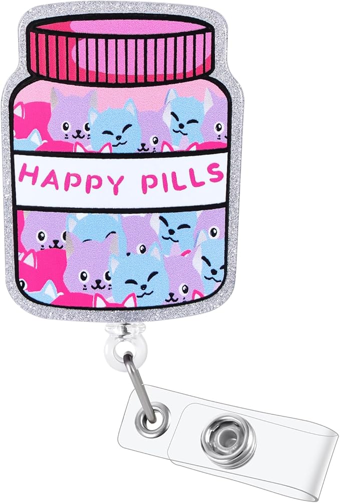 Happy Pills Funny Pharmacy Badge Reel, Cute Retractable ID Card Badge Holder, Name Tag Work Badge Clip for RN LPN CNA MA Night Shift Nurse Nursing Student Sleep Center Psychiatry Doctor, Nurse Gifts