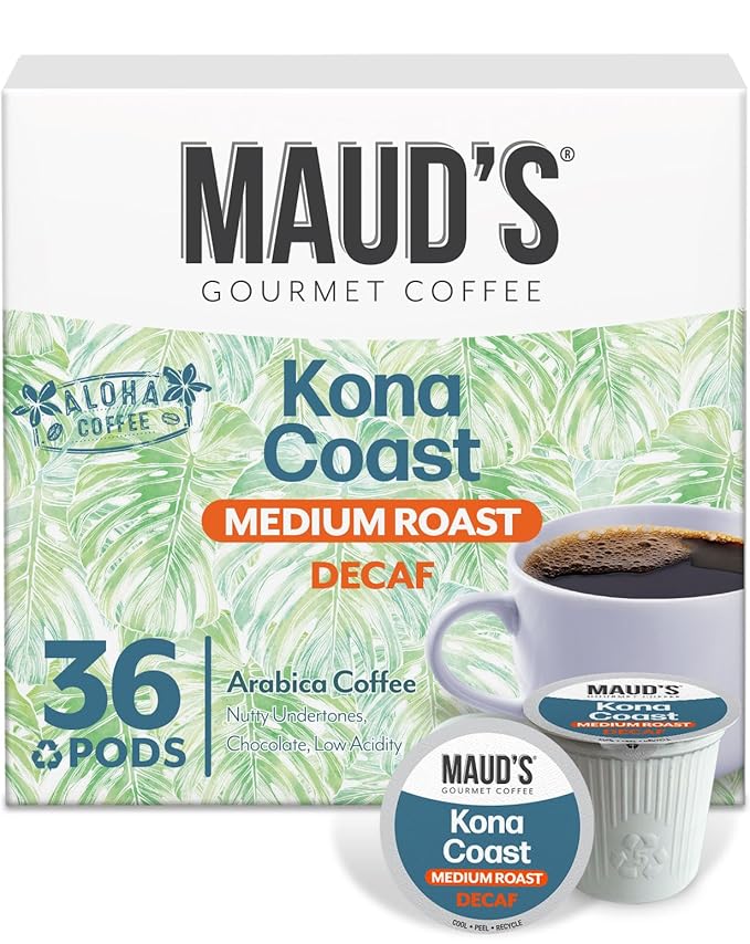 Maud's Decaf Kona Coffee Pods, 36 ct, Decaffeinated Medium Roast Coffee in Recyclable Single Serve Pods – 100% Arabica Coffee, Compatible with Keurig K Cups Maker