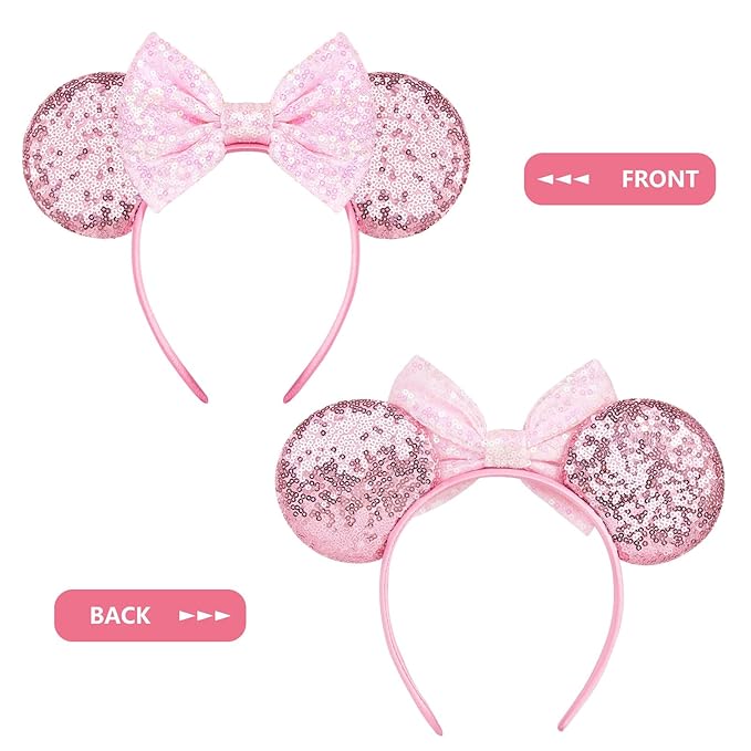 HAMUTH Pink Bow Mouse Ears,Mouse Ears Headband Hairs Accessories for Women Girls,Bow Birthday Decorations for Party Trip Parks Cosplay Accessories