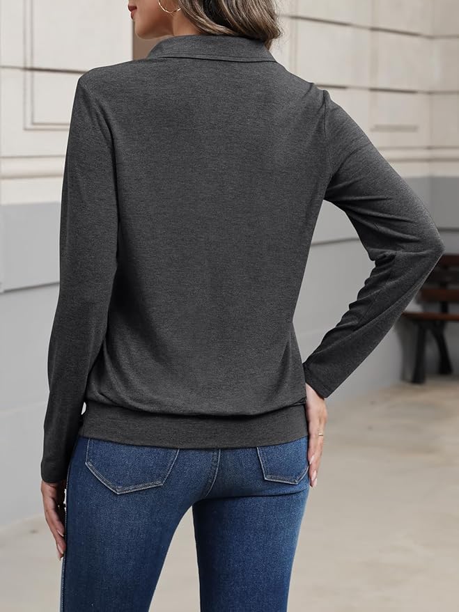 Womens Polo Shirts Long Sleeve Banded Bottom Tops Business Casual Tops Collared V Neck Blouses
