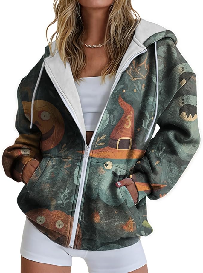 domirica Halloween Hoodie Lightweight Zip Hoodies For Women Fall Casual Vintage Sweatshirt Casual Wear Fashion Outfits