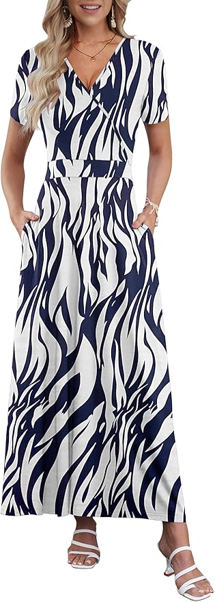 AUSELILY Maxi Dresses for Women Ankle Length Floral Print Beach Long Flowy Dress with Pockets