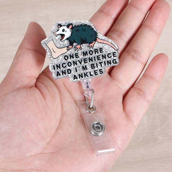 One More Inconvenience and I'm Biting Ankles Funny Possum Badge Reel | Retractable ID Card Badge Holder | Sassy Animal Humor Gift | Office Stocking Stuffer | Doctor Nurse Gifts