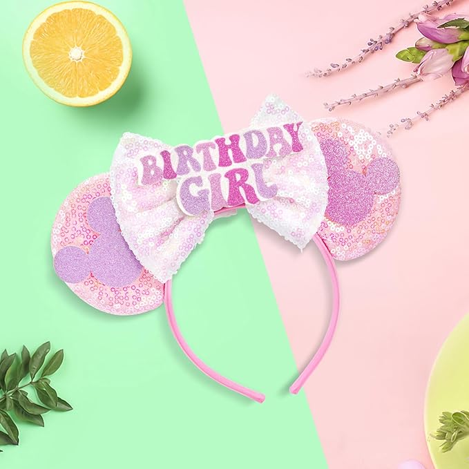 HAMUTH Mouse Ear Headband, Birthday Girl Headband for Women Girl Adult, Happy Birthday Ears for Party Trip Parks Cosplay Costume Accessories