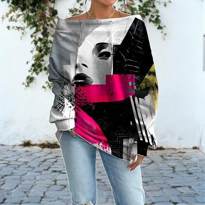 Womens Sweatshirts Floral Print Sexy Off The Shoulder T Shirts Oversized Long Sleeve Pullover Fall Tops