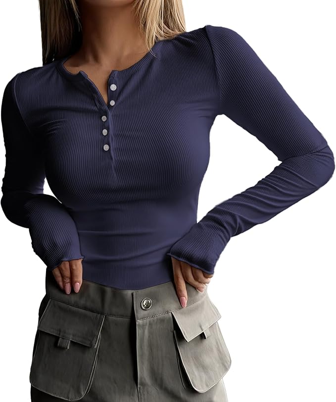 MARSVOVO Fashion Crop Tops for Women Scoop Neck Button Comfy Ribbed Slim Fit Cute Shirts Casual Party Fall Tops