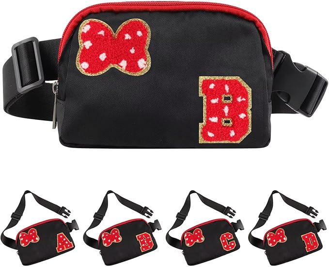 Initial Letter Bow Mouse-Ear Fanny Pack for Teen Girls,Cute Chenille Belt Bag Crossbody Travel Waist Pack for Women&Kids,Personalized Gift for Theme Park,School & Travel, Birthday Christmas(B)