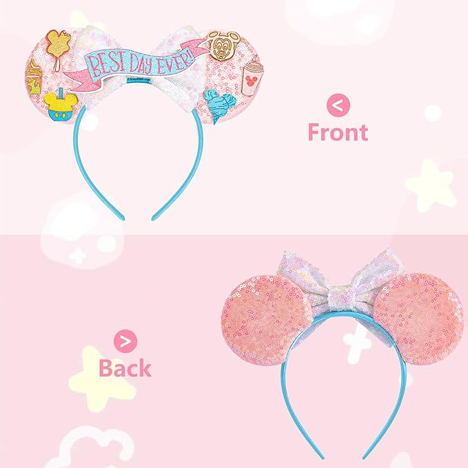HAMUTH Mouse Ear Headband, Birthday Decorations Ears for Women Girls Adult, Best Day Ever Costume for Party Trip Parks Cosplay Essentials
