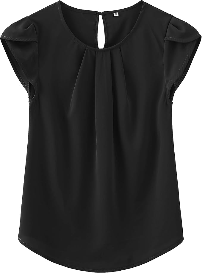 TASAMO Women's Casual Round Neck Basic Pleated Top Cap Sleeve Curved Keyhole Back Chiffon Blouse
