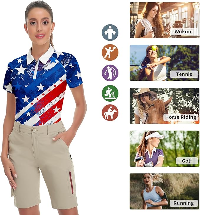 Women's Golf Shirt Short Sleeve Tennis Shirt Quarter Zip Golf Pullover Golf Polo Shirts Argyle Tops