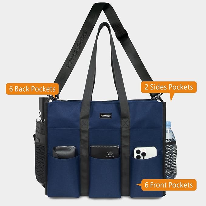 TOPDesign Utility Water Resistant Tote Bag with 22 Pockets, Top Zipper Closure & Thick Bottom Support, for Working Women