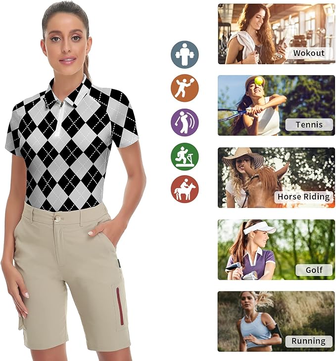 Women's Golf Shirt Short Sleeve Tennis Shirt Quarter Zip Golf Pullover Golf Polo Shirts Argyle Tops