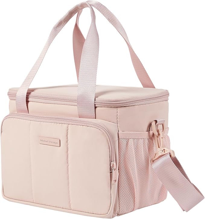 NISHEL Lunch Bag for Women, Insulated Leakproof Cooler Case with Detachable Shoulder Strap & Multiple Pocket, Easy-Clean PEVA Lining, Puffy Design for Work，Pink