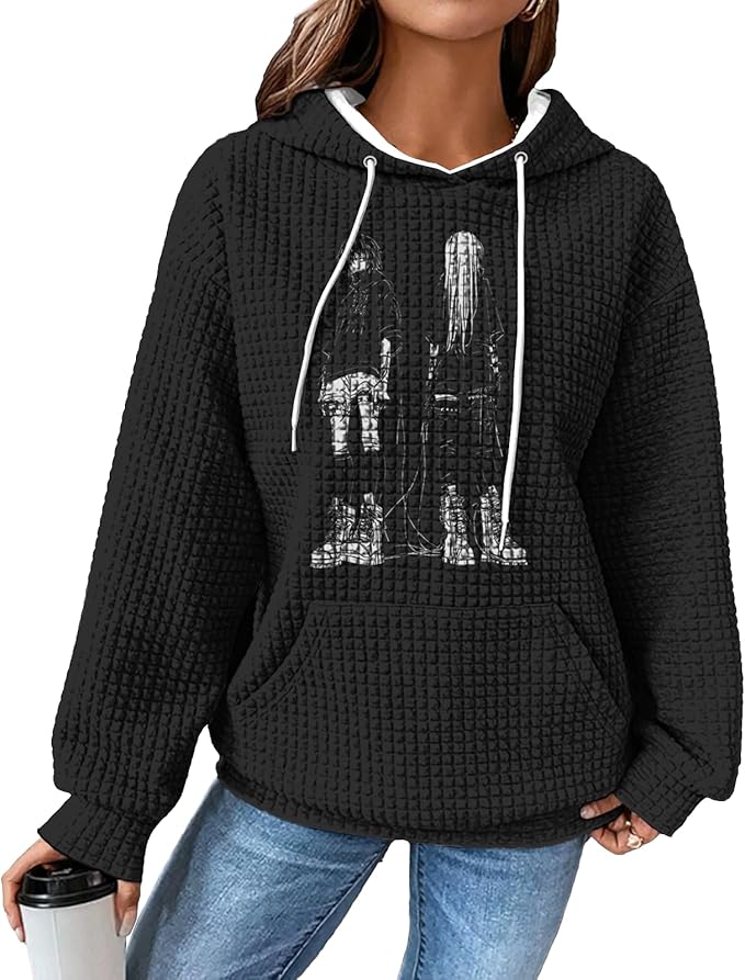 domirica Black Pullover Sweatshirts For Women Trendy Long Sleeve Waffle Sweatshirt With Hood Comfy Fall Clothing Qutfits