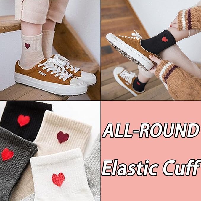 CHUNFO Cute Heart White Red Ankle Women Socks Frilly Fun Bear Pattern Long Crew Novelty Aesthetic Girls Sock 4 & More Pairs